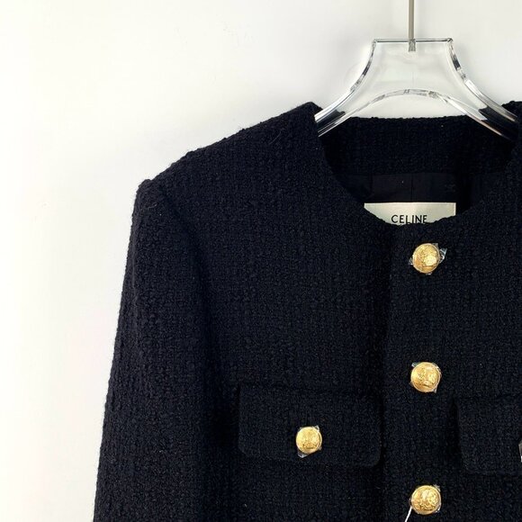 Celine Black Tweed Jacket With Gold Buttons French Size 38 Long Sleeves Structur - Picture 3 of 7